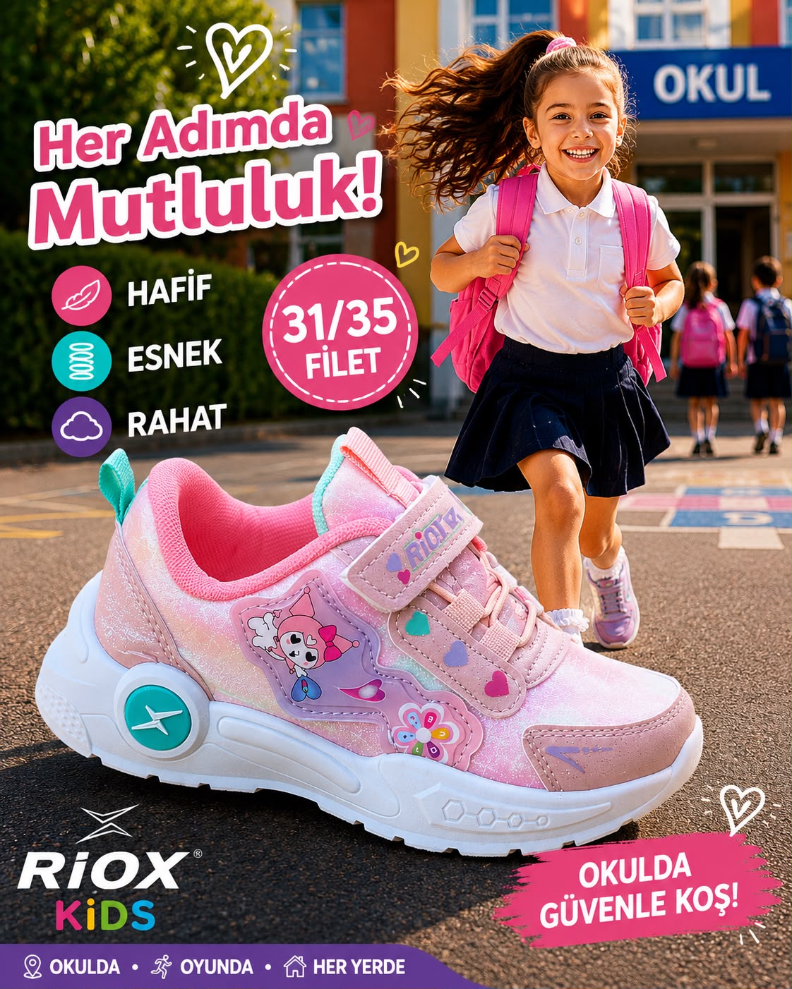 RIOX KIDS okula dönüş kampanyası - pembe kız çocuk ayakkabısı