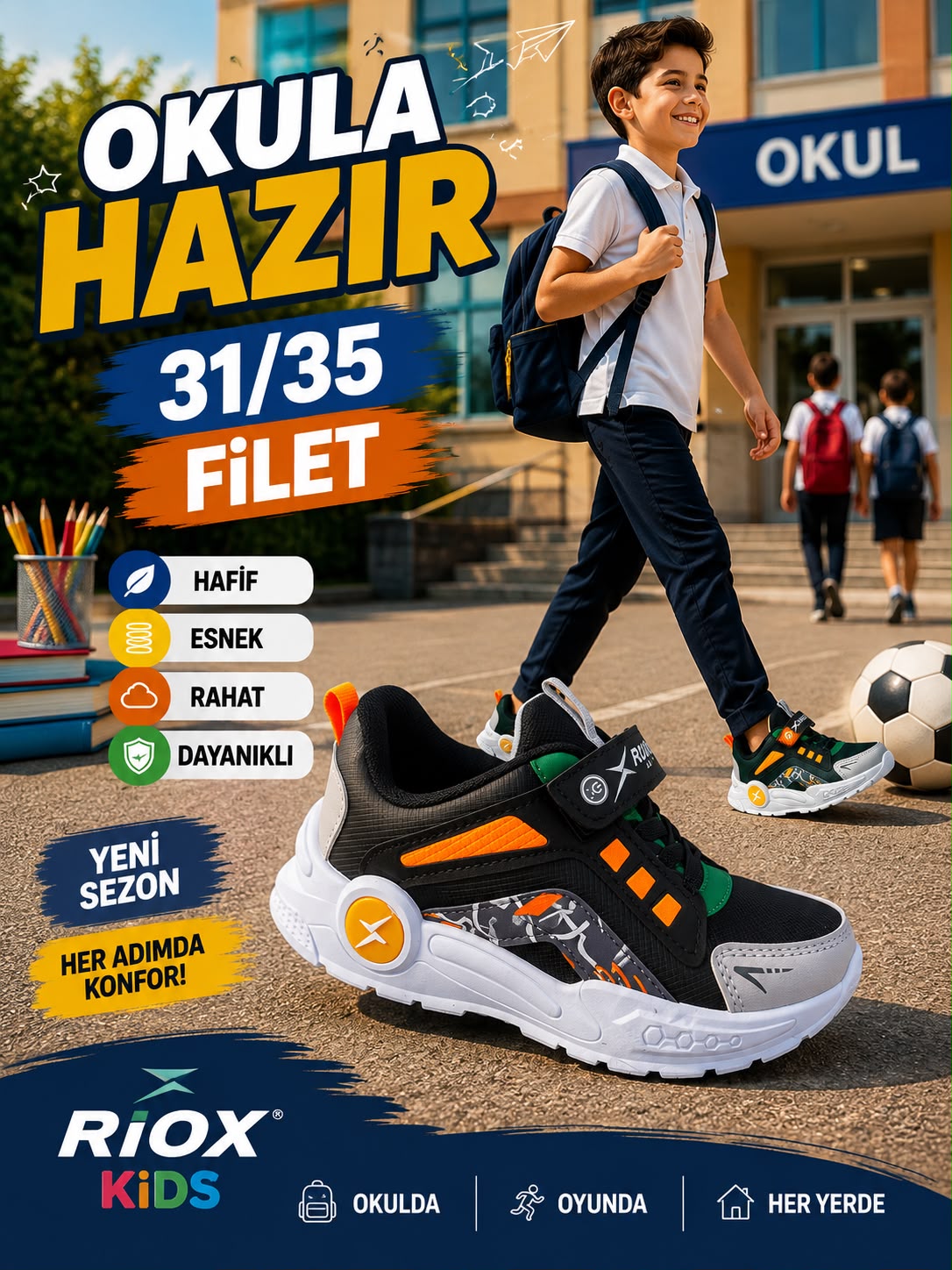 RIOX KIDS okula dönüş kampanyası - siyah turuncu erkek çocuk ayakkabısı