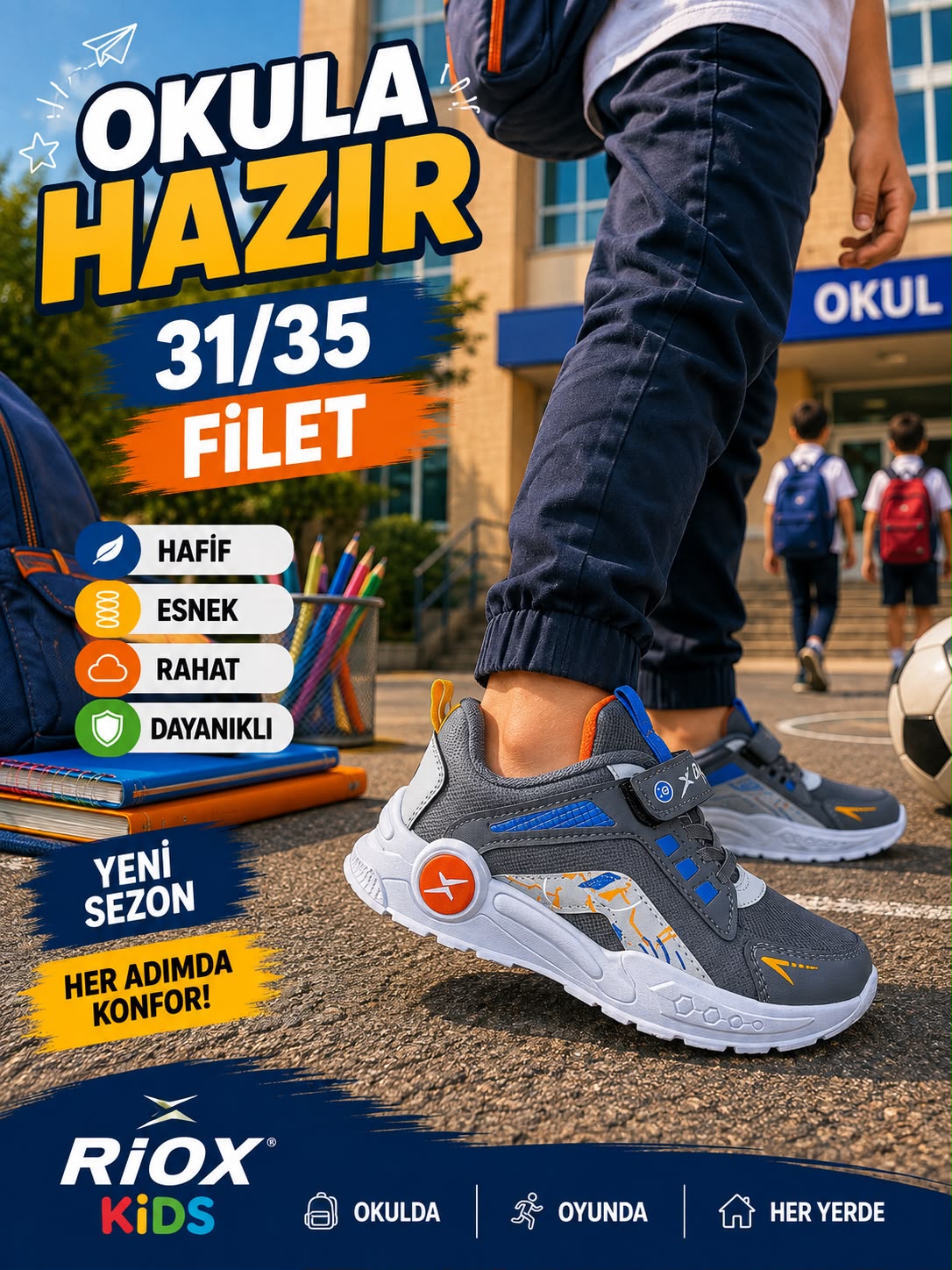 RIOX KIDS okula dönüş kampanyası - gri mavi erkek çocuk ayakkabısı