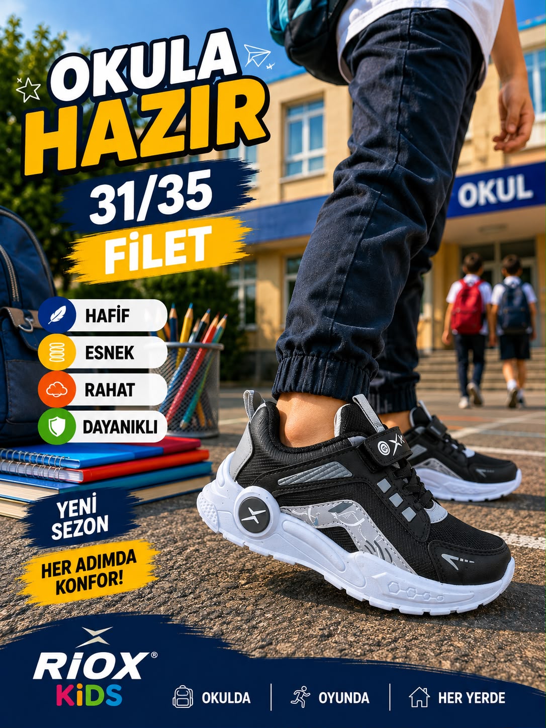 RIOX KIDS okula dönüş kampanyası - siyah beyaz erkek çocuk ayakkabısı