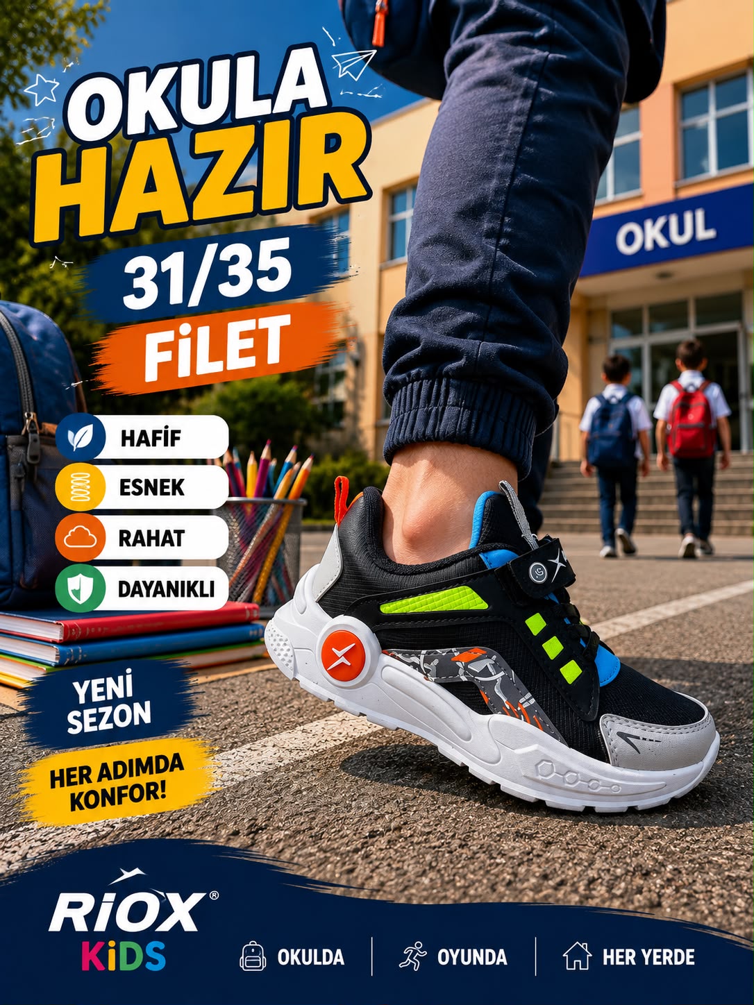 RIOX KIDS okula dönüş kampanyası - siyah yeşil erkek çocuk ayakkabısı